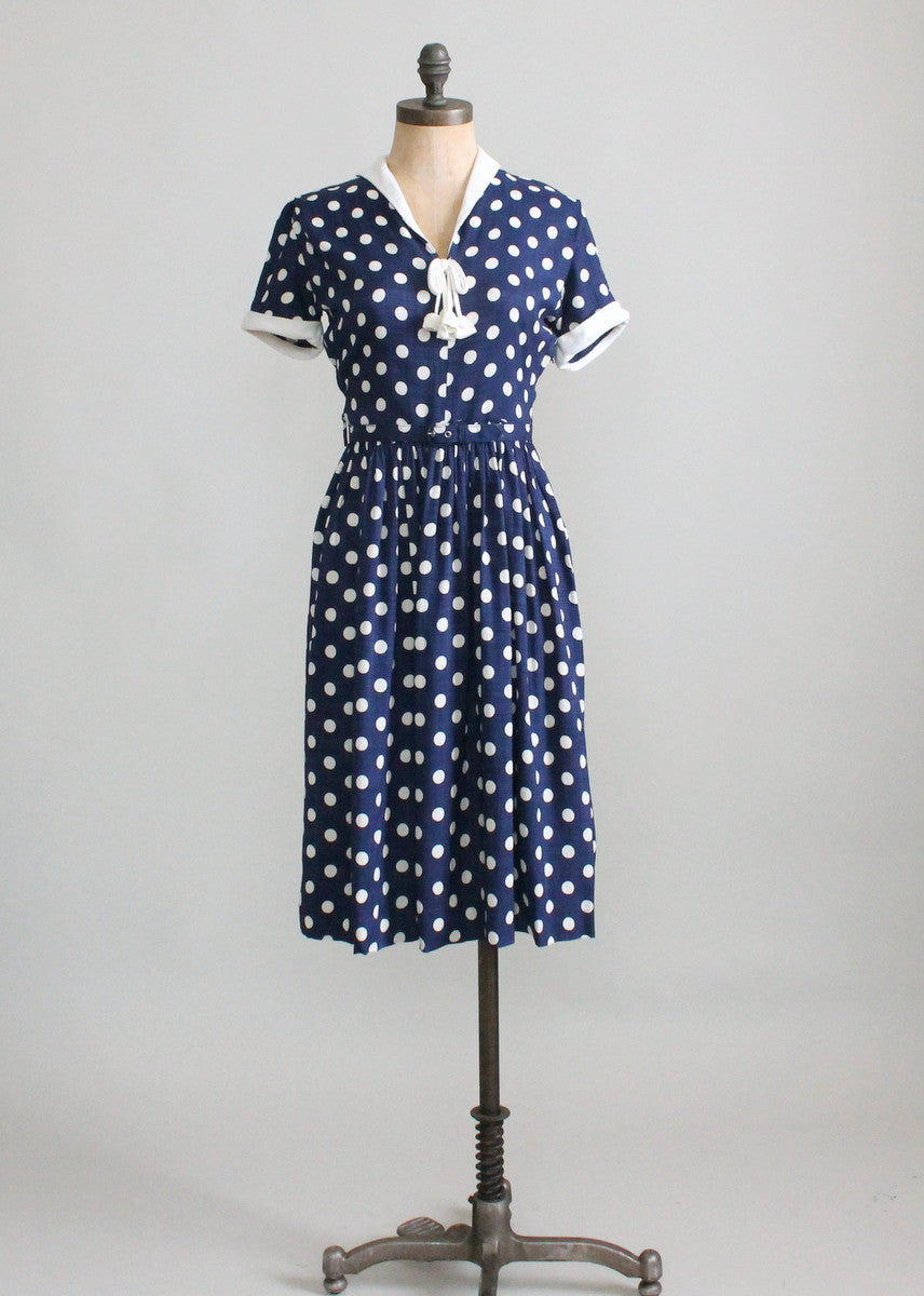 Vintage 1950s Navy and White Polka Dot Day Dress - Raleigh Vintage