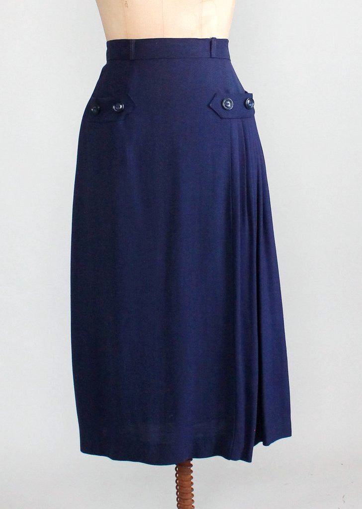 Vintage 1950s Navy Asymmetrical Pleat Skirt - Raleigh Vintage