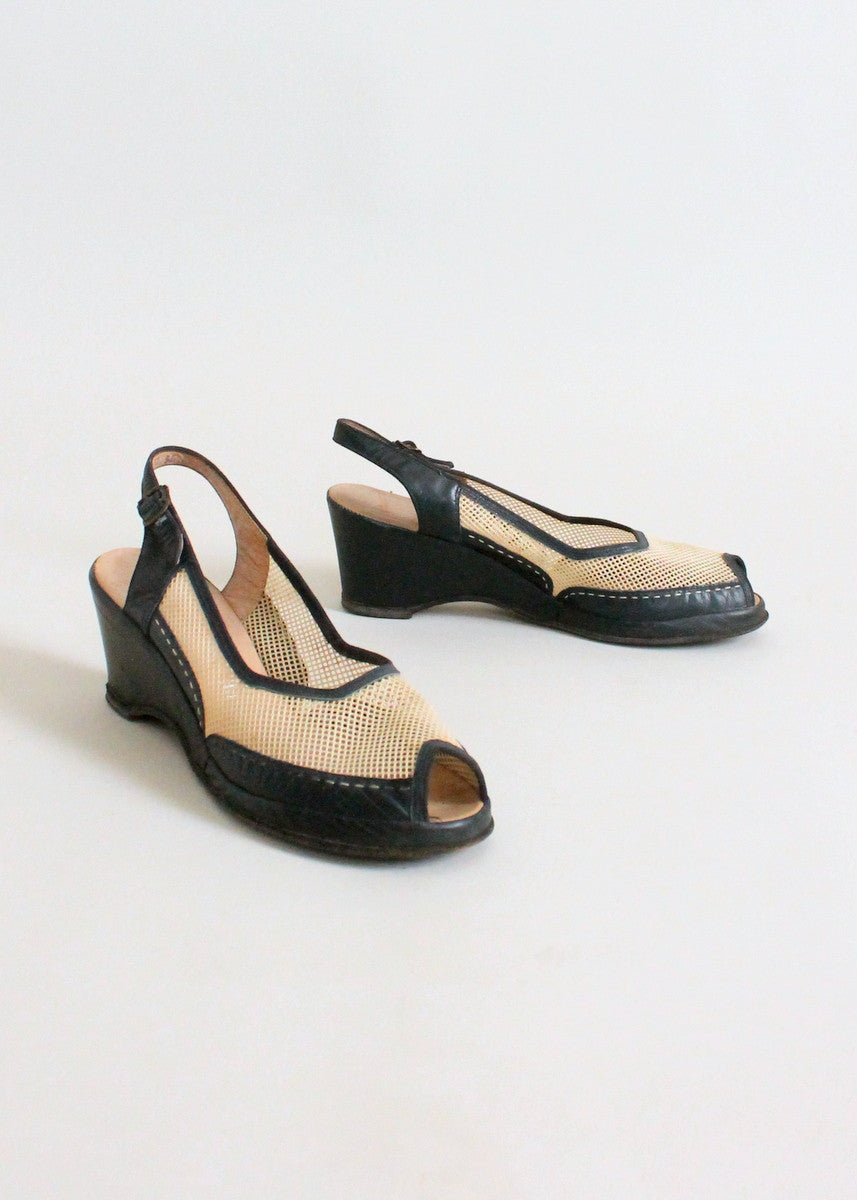 Vintage Eary 1950s Two Tone Mesh Wedge Sandals - Raleigh Vintage