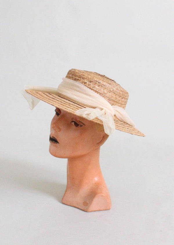 Vintage 1950s Straw Boater Hat with Wrapped Scarf - Raleigh Vintage