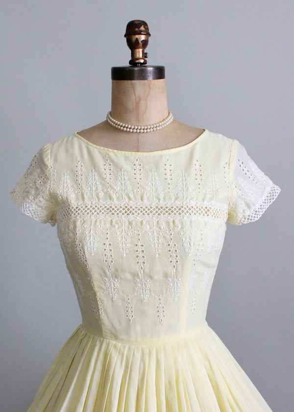 Vintage 1950s Yellow Eyelet Cotton Day Dress - Raleigh Vintage
