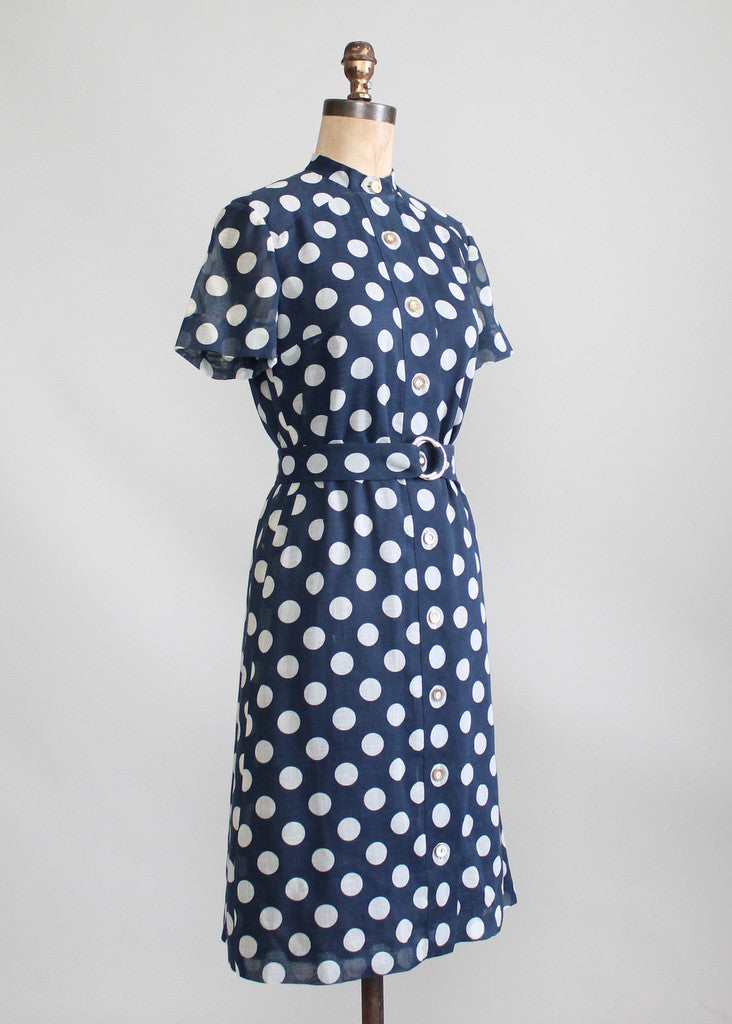 Vintage 1960s Rona Navy Polka Dot Shirt Dress | Raleigh Vintage