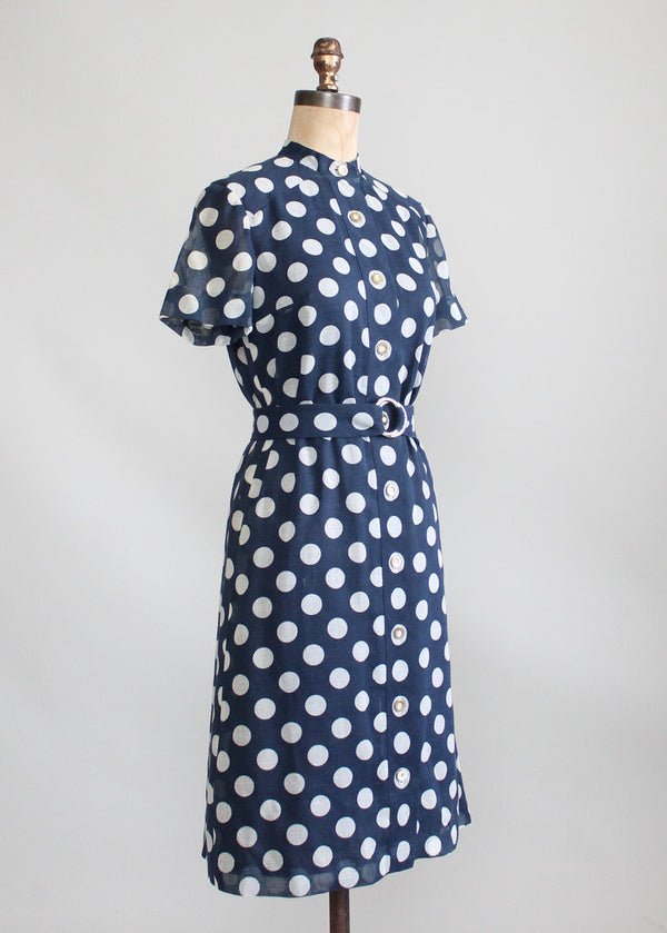 Vintage 1960s Rona Navy Polka Dot Shirt Dress - Raleigh Vintage