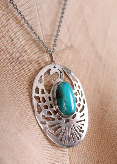 Vintage 1960s Silver And Turquoise Peacock Pendant Necklace Raleigh Vintage