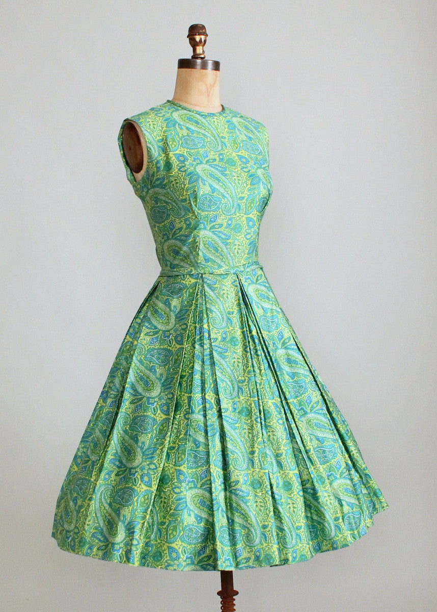 Vintage Early 1960s Teal and Yellow Paisley Day Dress - Raleigh Vintage