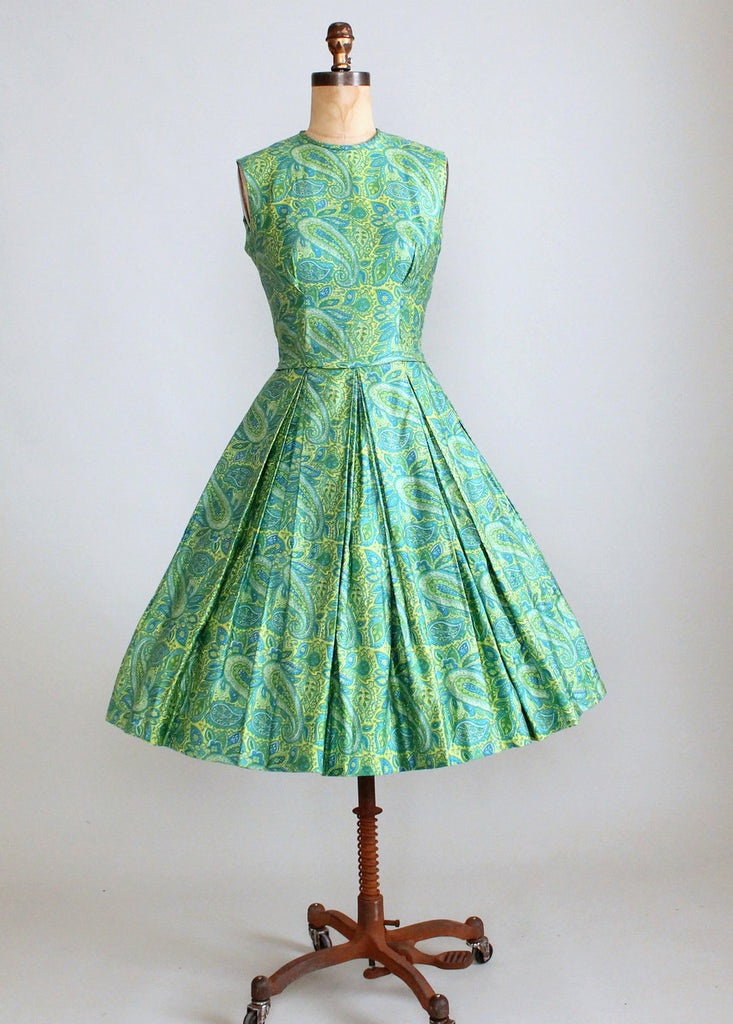 Vintage Early 1960s Teal and Yellow Paisley Day Dress | Raleigh Vintage