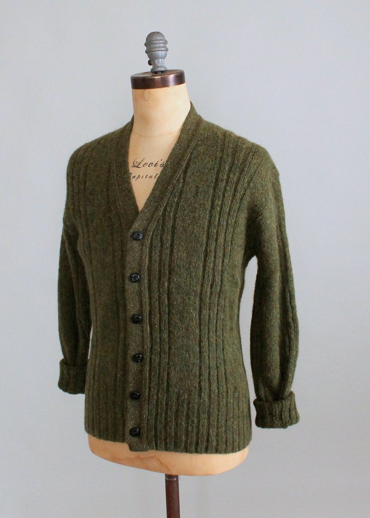 Vintage 1960s Mens Green Cable Knit Cardigan - Raleigh Vintage