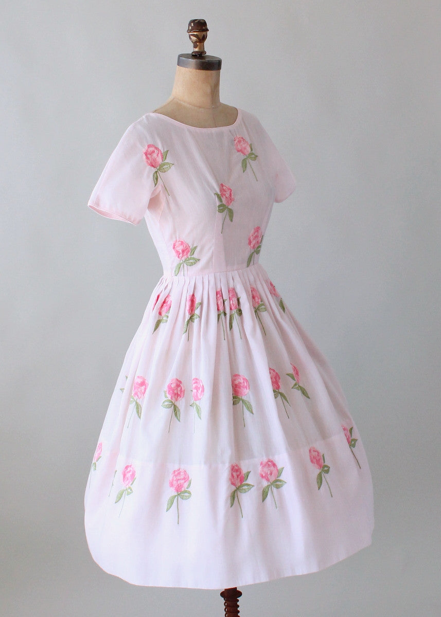 Vintage 1960s Embroidered Roses Pink Cotton Dress - Raleigh Vintage