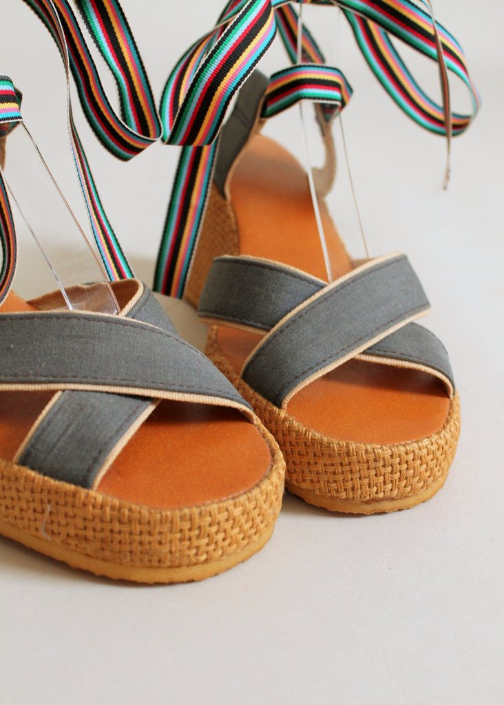 Vintage 1970s Rainbow Ribbon  Ankle Tie  Platform Sandals  