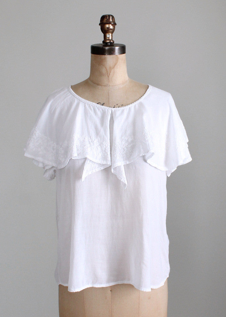 Vintage 1970s White Embroidered Ruffle Blouse | Raleigh Vintage