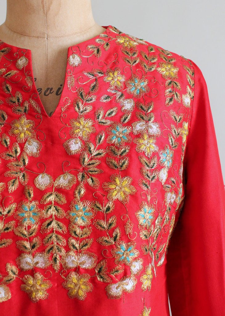 Vintage 1970s Indian Embroidered Red Silk Caftan | Raleigh Vintage