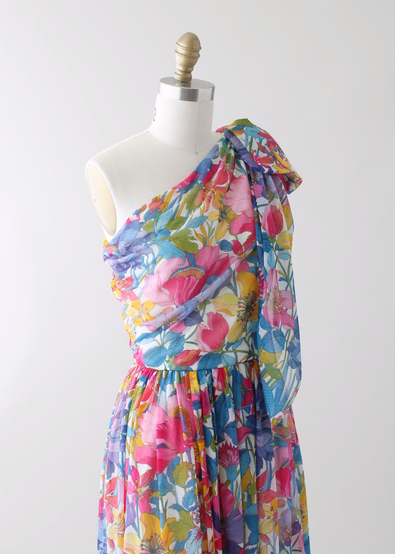 Vintage 1970s One Shoulder Floral Chiffon Summer Dress - Raleigh Vintage