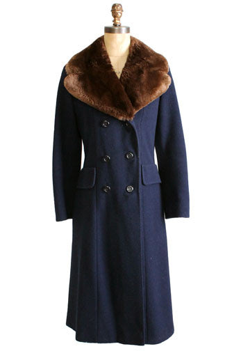 Vintage 1970s Navy Wool and Fur Collar Winter Coat - Raleigh Vintage