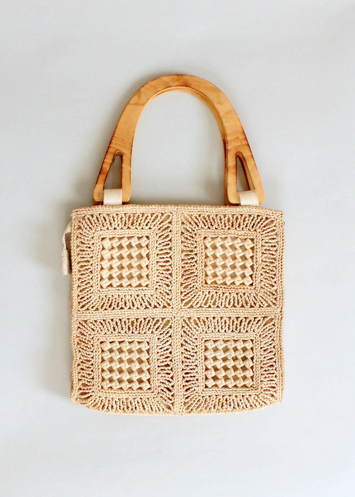 Vintage 1970s Woven Straw Tote Purse with Wood Handles | Raleigh Vintage