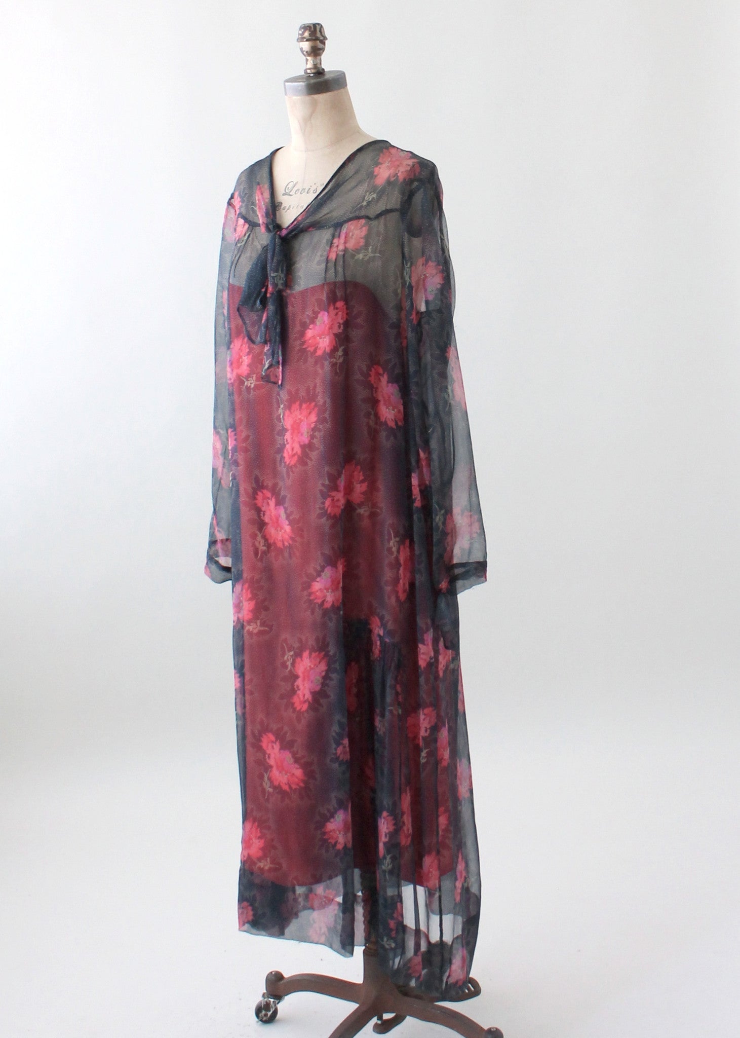 Vintage 1920s Navy and Pink Floral Silk Chiffon Dress - Raleigh Vintage