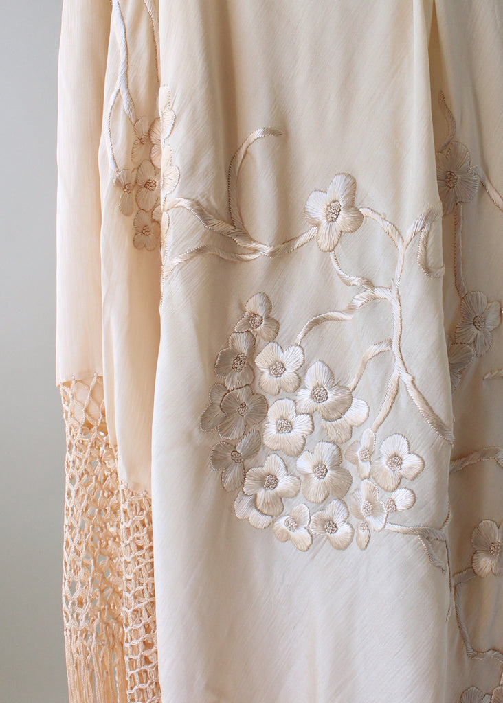 Vintage 1920s Embroidered Ivory Silk Shawl with Fringe | Raleigh Vintage