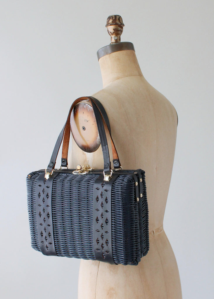 Vintage 1960s Navy Wicker and Leather Purse | Raleigh Vintage