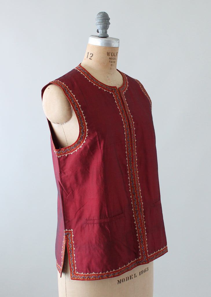 Vintage Handloomed Indian Silk Vest with Embroidered Trim | Raleigh Vintage
