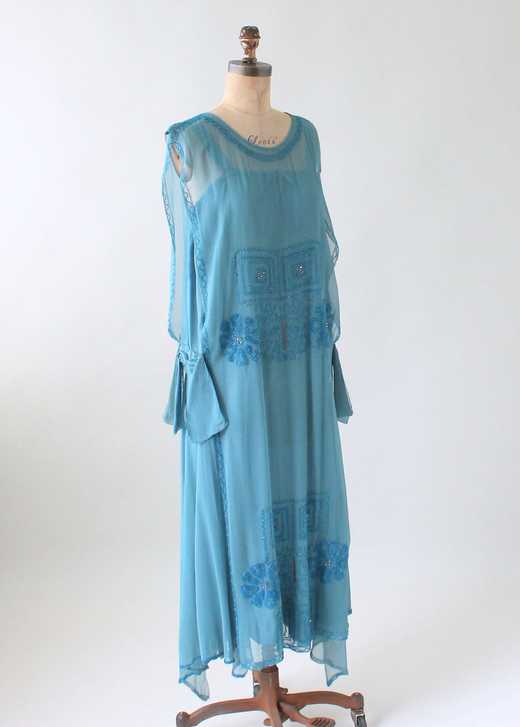 Vintage 1920s Cornflower Blue Tambour Beaded Silk Dress | Raleigh Vintage