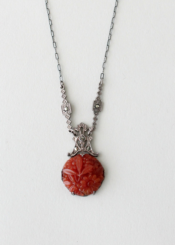 Vintage 1920s Carved Carnelian Glass and Marcasite Necklace | Raleigh ...