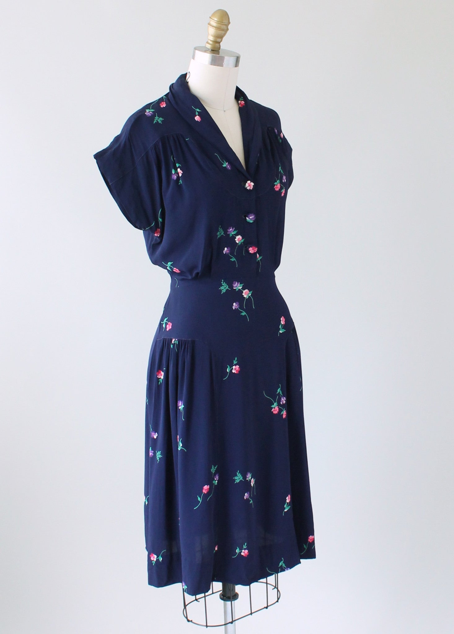 Vintage 1940s Navy Rayon Day Dress with Petite Flowers - Raleigh Vintage