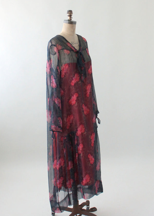 Vintage 1920s Navy and Pink Floral Silk Chiffon Dress - Raleigh Vintage