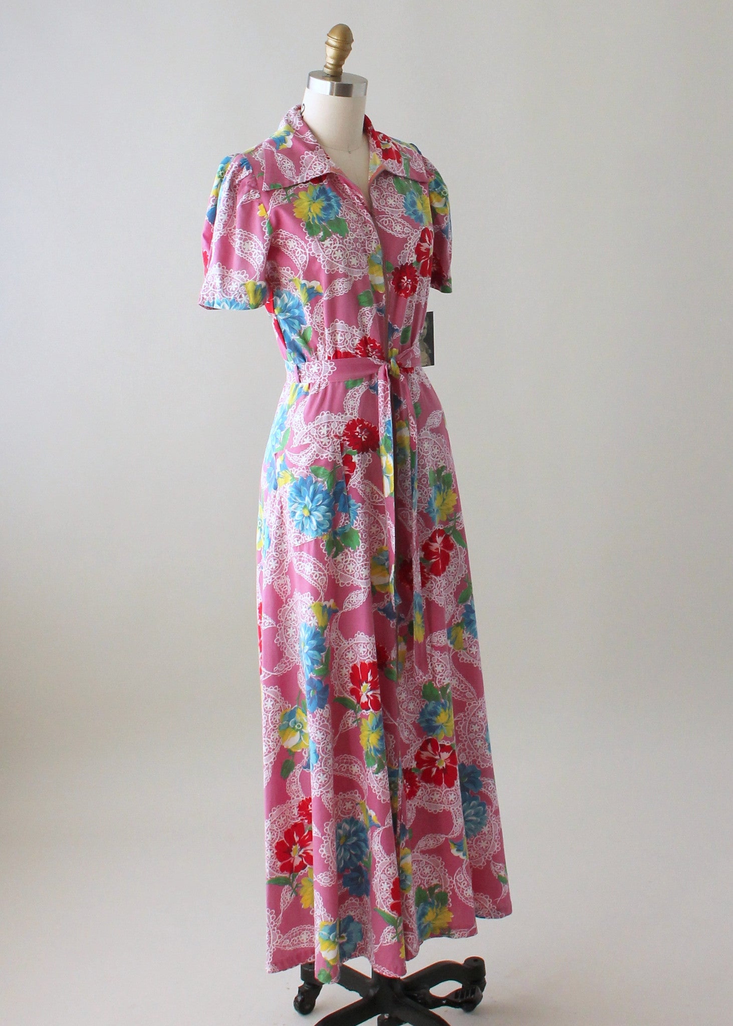 Vintage 1940s Floral Cotton Zip Front Robe Dress - Raleigh Vintage