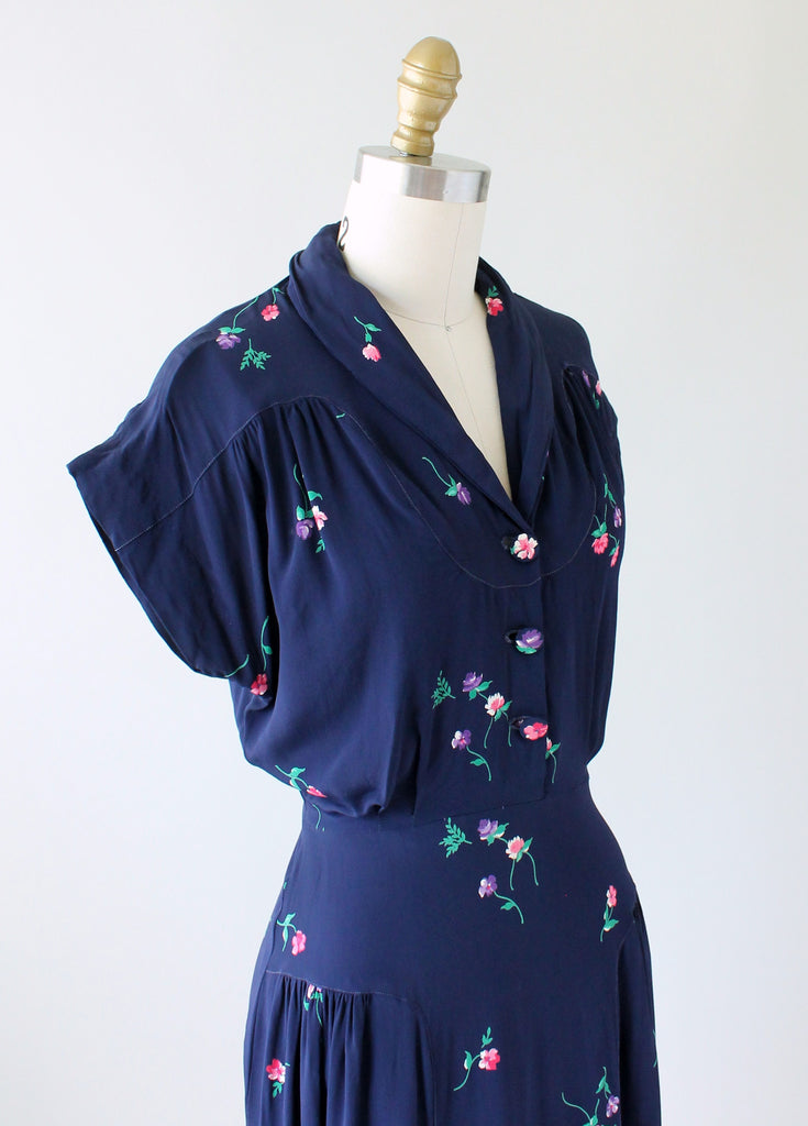 Vintage 1940s Navy Rayon Day Dress with Petite Flowers | Raleigh Vintage