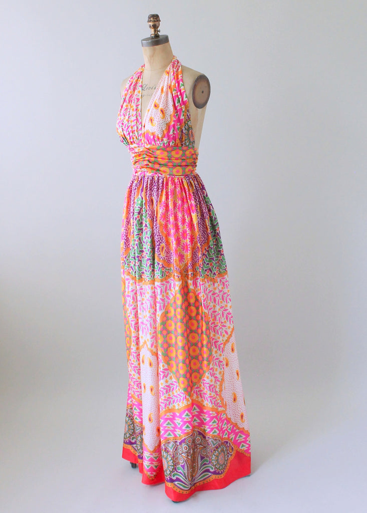 Vintage 1970s Scarf Print Halter Maxi Dress and Shawl | Raleigh Vintage