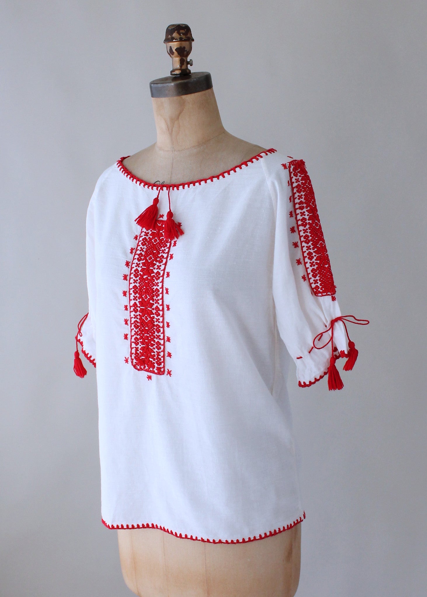 Vintage 1970s Red and White Embroidered Cotton Peasant Shirt - Raleigh ...