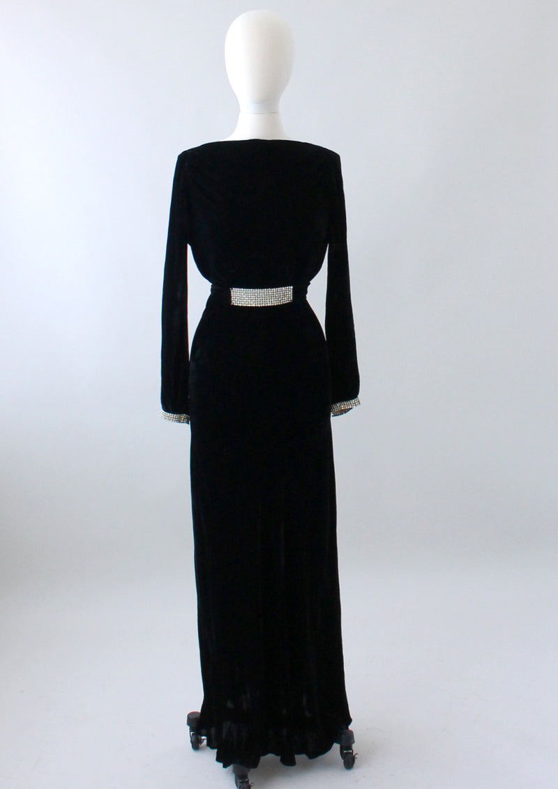 Vintage 1930s Art Deco Black Velvet and Rhinestone Evening Dress ...
