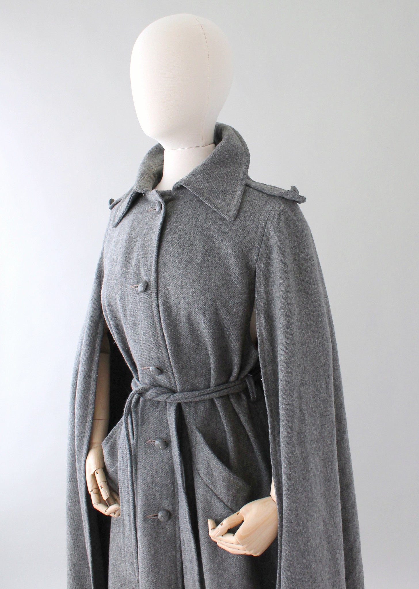 Vintage 1970s Grey Wool Belted Coat Cape - Raleigh Vintage