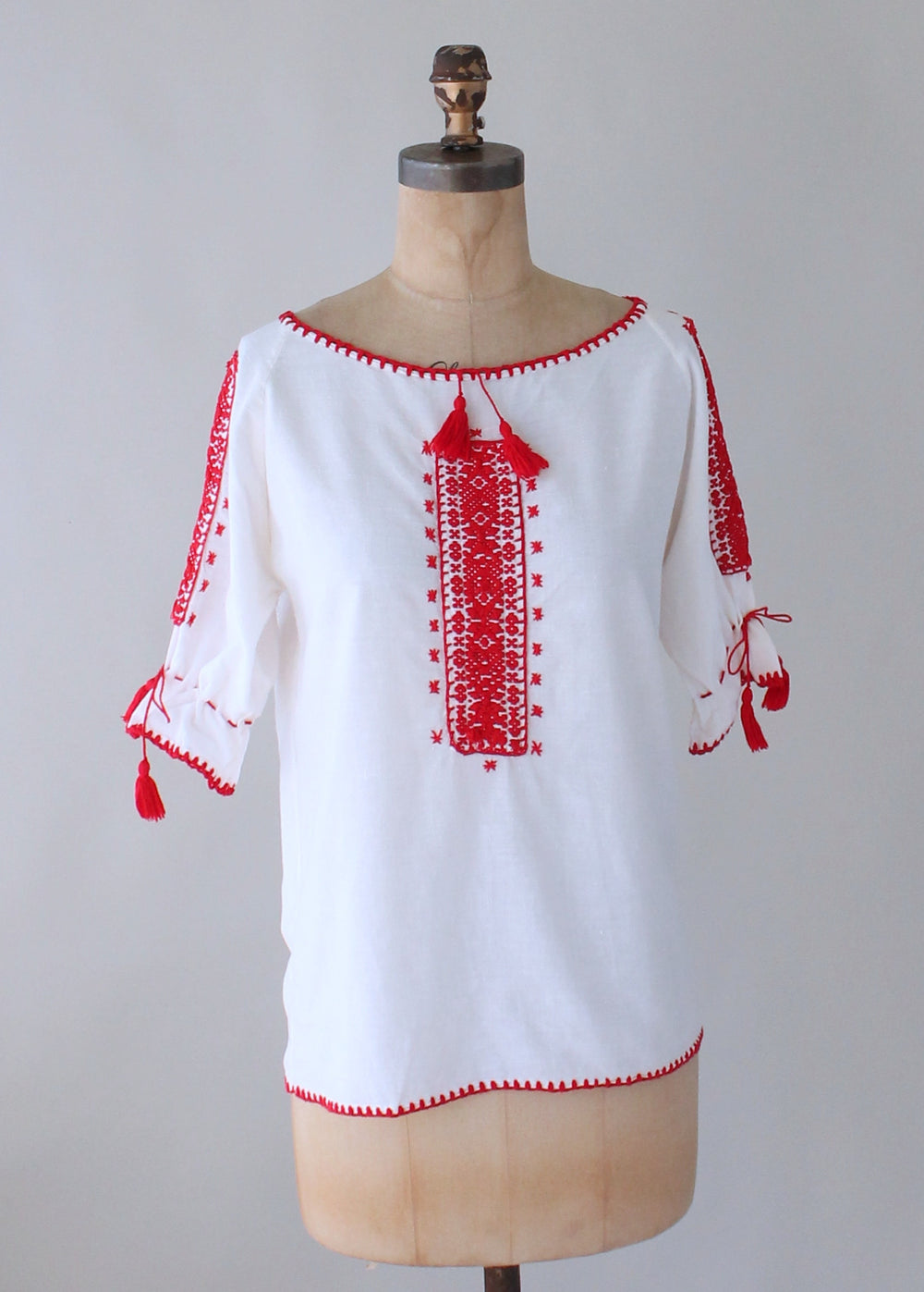 Vintage 1970s Red and White Embroidered Cotton Peasant Shirt - Raleigh ...