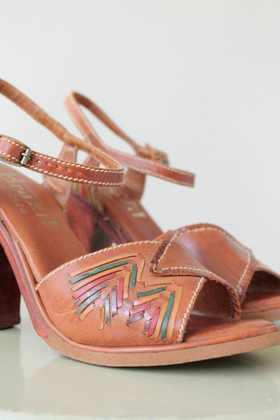 Vintage 1970s Hint of Color Wood and Leather Sandals - Raleigh Vintage