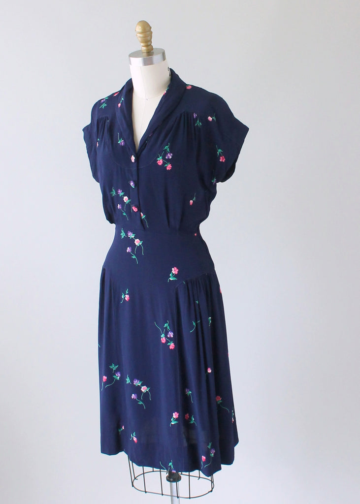 Vintage 1940s Navy Rayon Day Dress with Petite Flowers | Raleigh Vintage