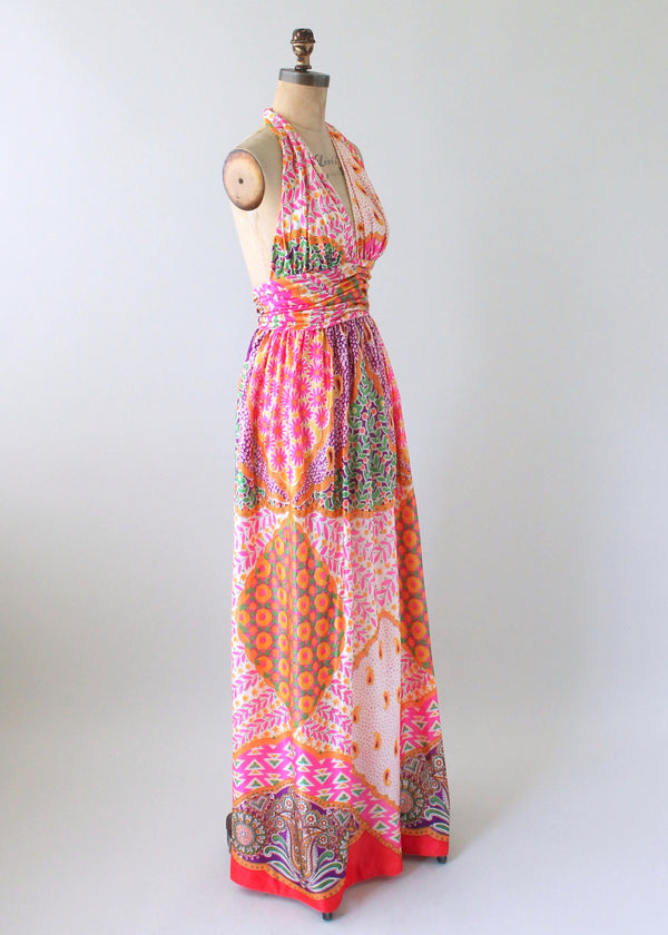 Vintage 1970s Scarf Print Halter Maxi Dress and Shawl - Raleigh Vintage