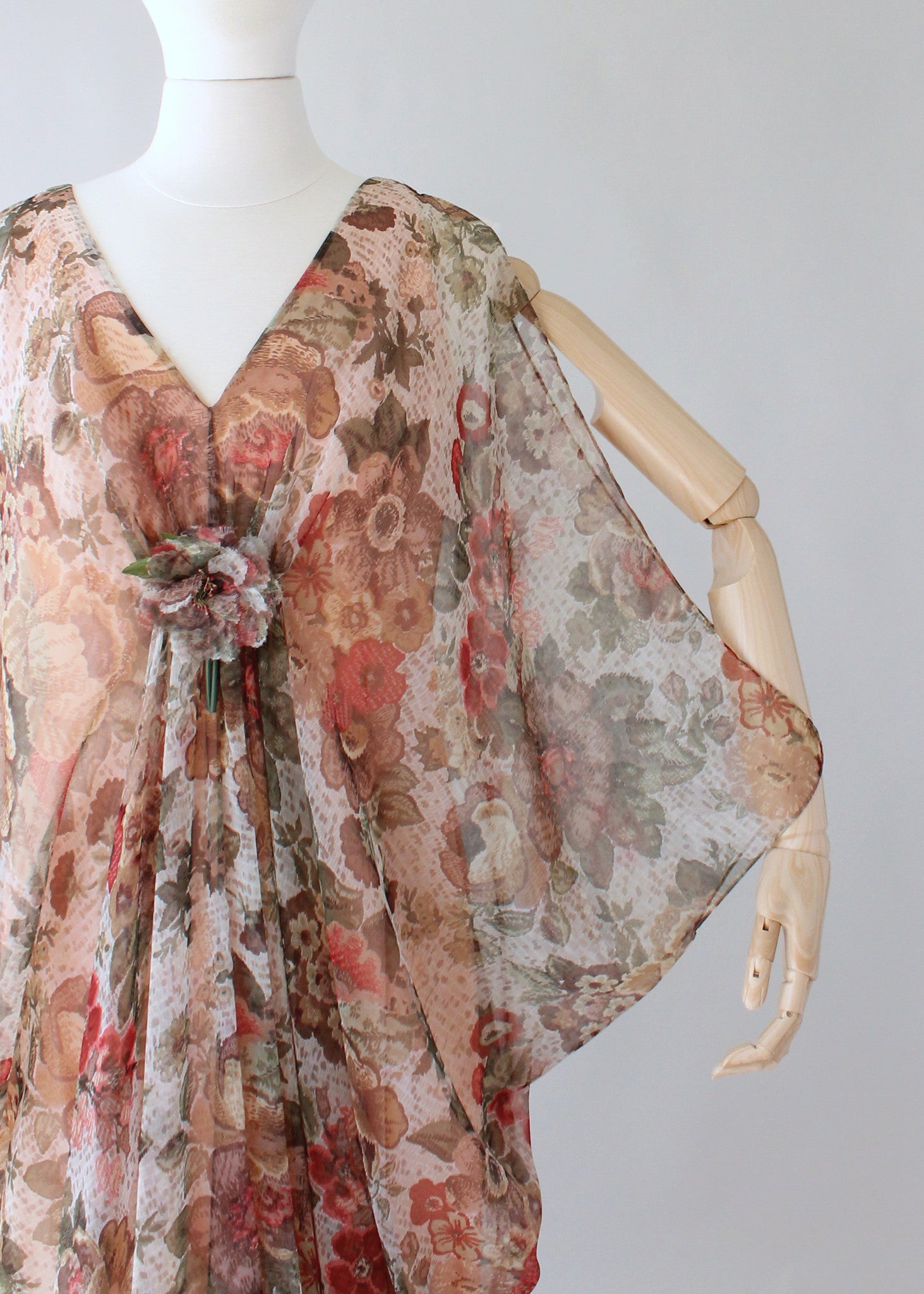 Vintage 1970s Open Sleeve Floral Chiffon Caftan Dress - Raleigh Vintage