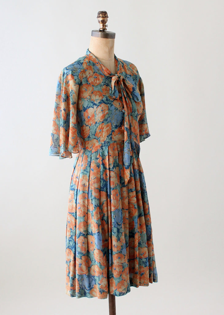 Vintage Floral Silk Dress with Flutter Sleeves | Raleigh Vintage