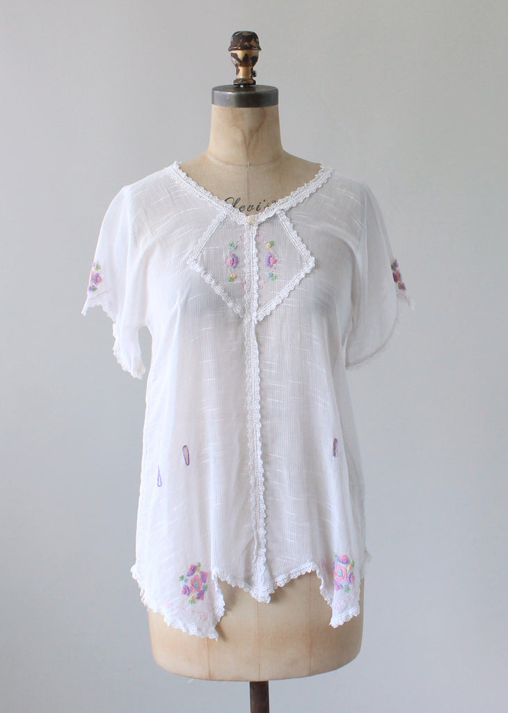 Vintage 1920s Embroidered Cotton Drop Waist Summer Shirt | Raleigh Vintage