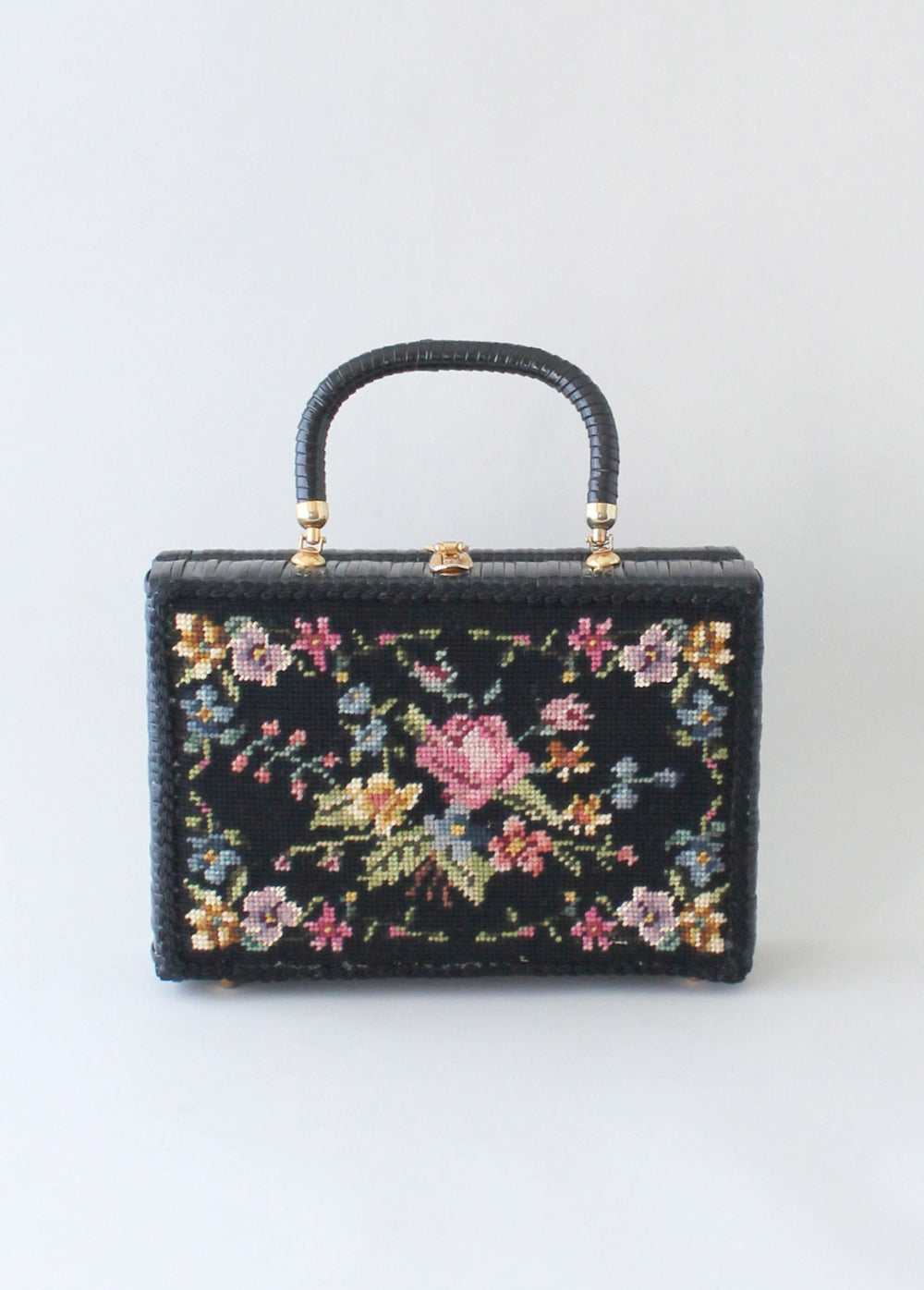 Vintage 1960s Black Wicker Box Purse with Floral Needlework - Raleigh ...