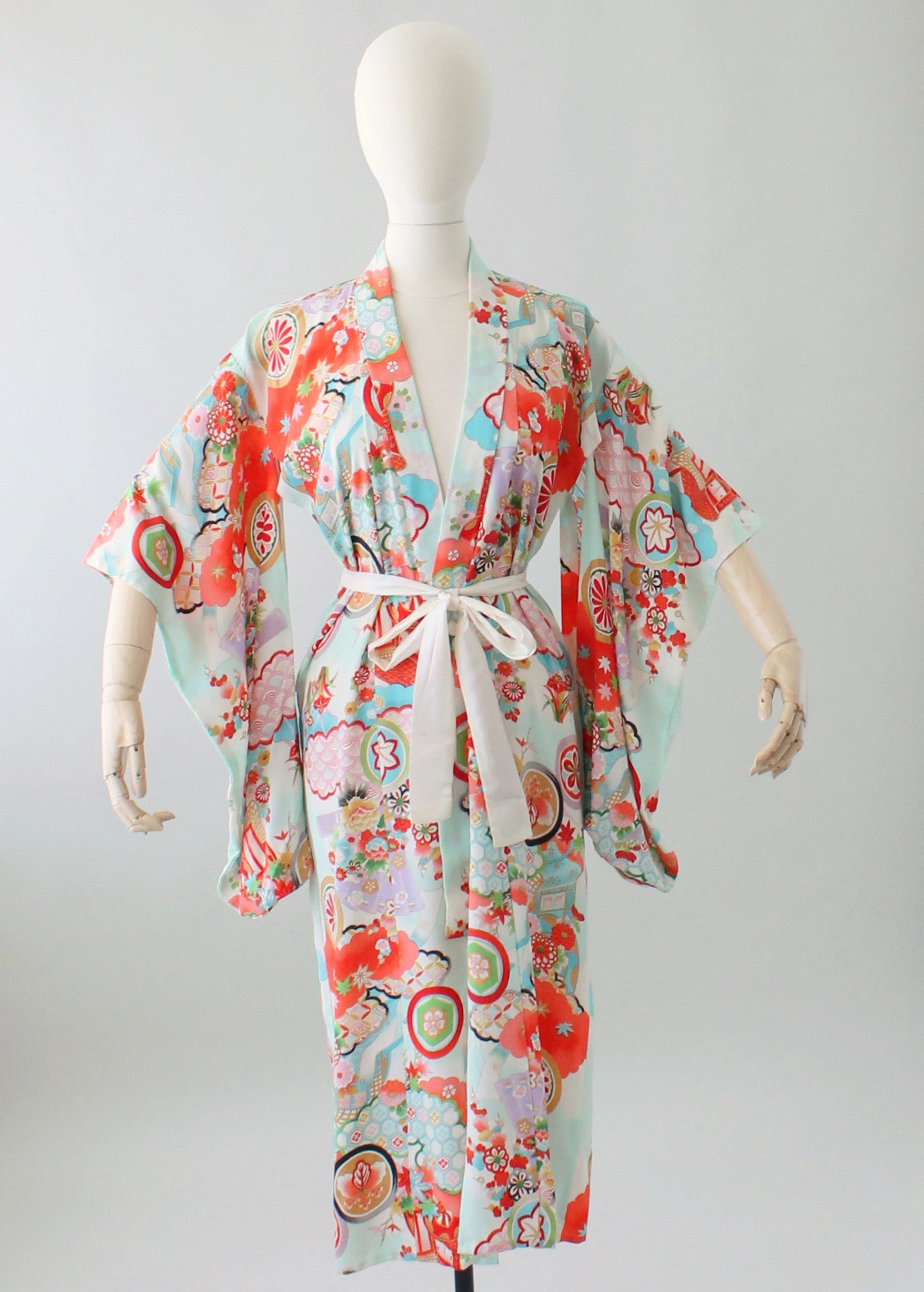 Vintage 1960s Colorful Crepe Kimono Robe - Raleigh Vintage