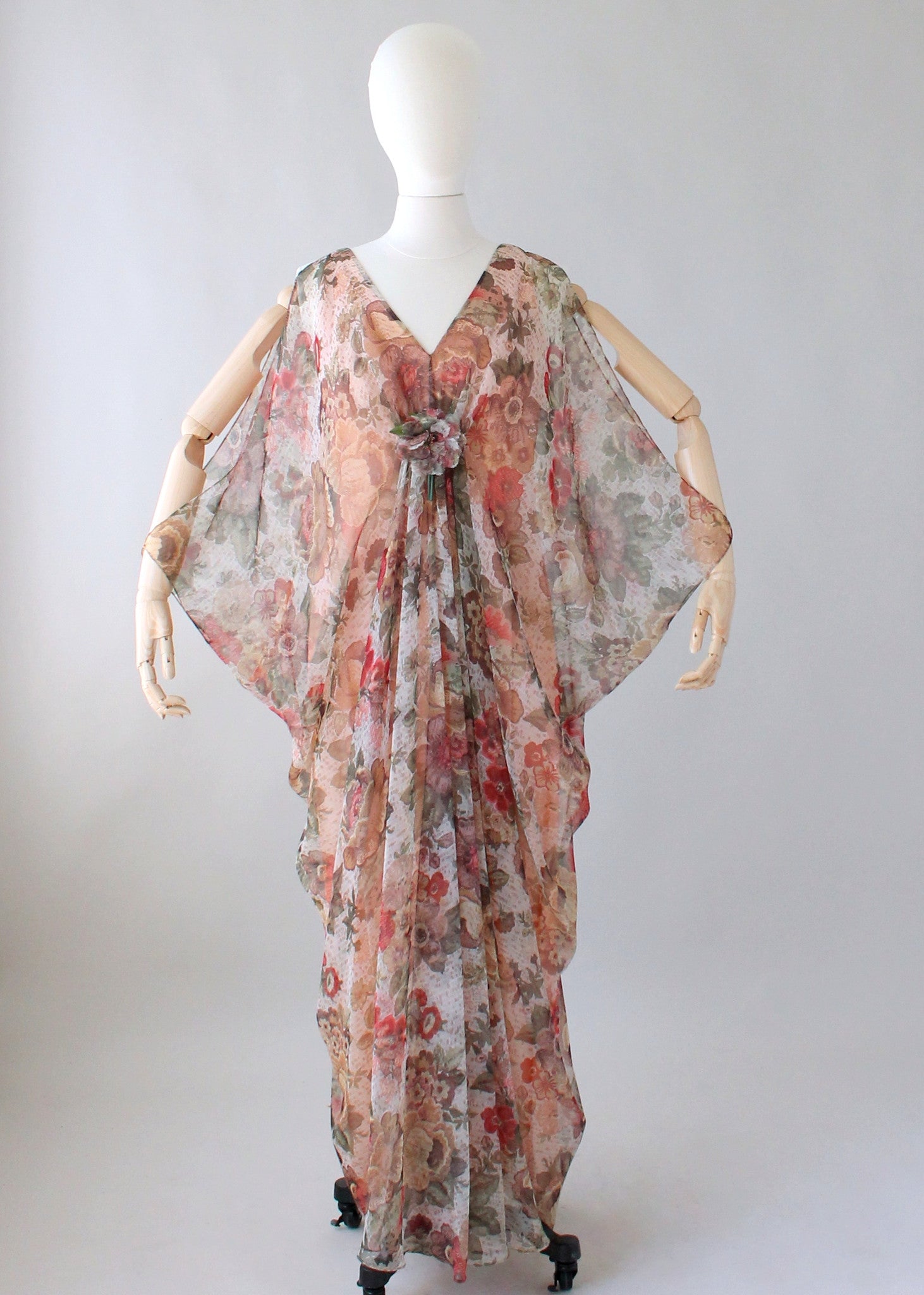 Vintage 1970s Open Sleeve Floral Chiffon Caftan Dress Raleigh Vintage 