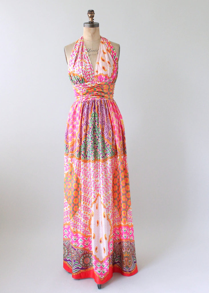 Vintage 1970s Scarf Print Halter Maxi Dress and Shawl | Raleigh Vintage