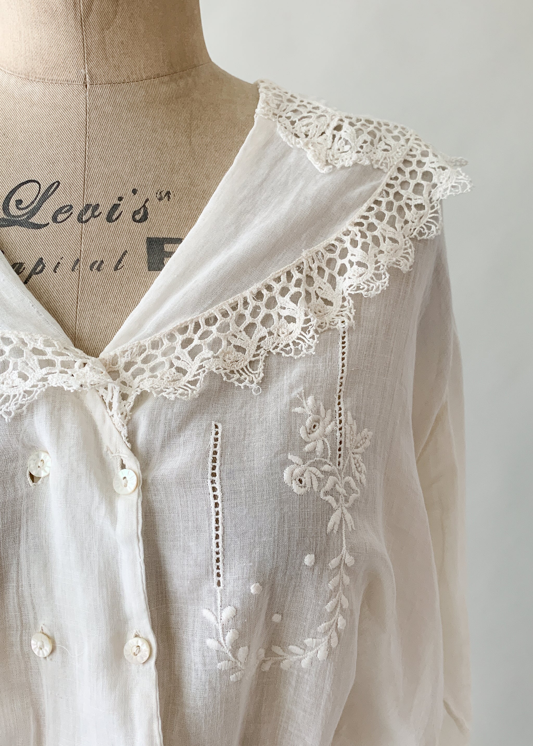 Antique Edwardian Embroidered Cotton Blouse - Raleigh Vintage