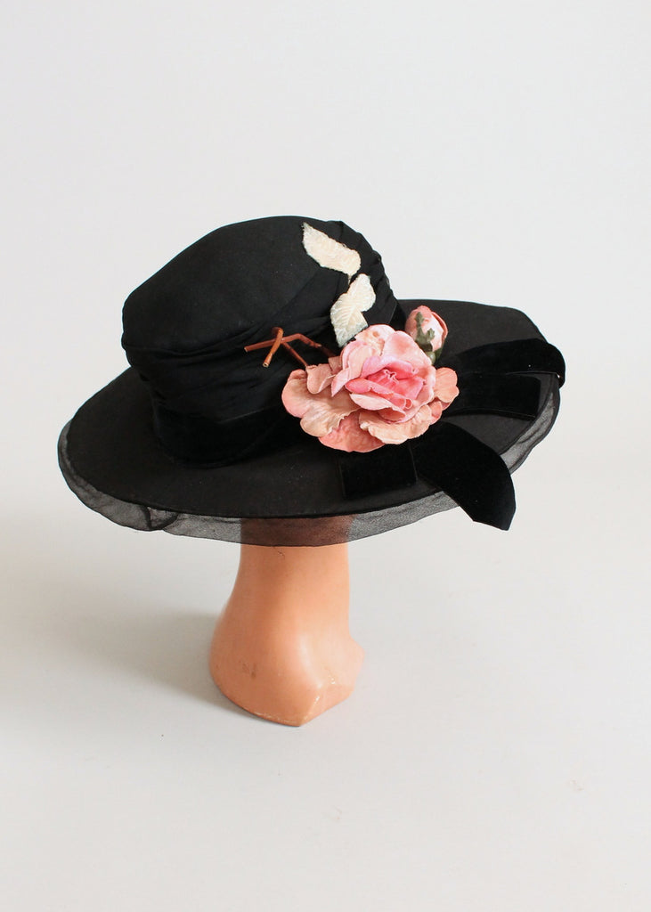 Vintage Early 1920s Black Wide Brim Cloche Hat with Pink Flowers ...