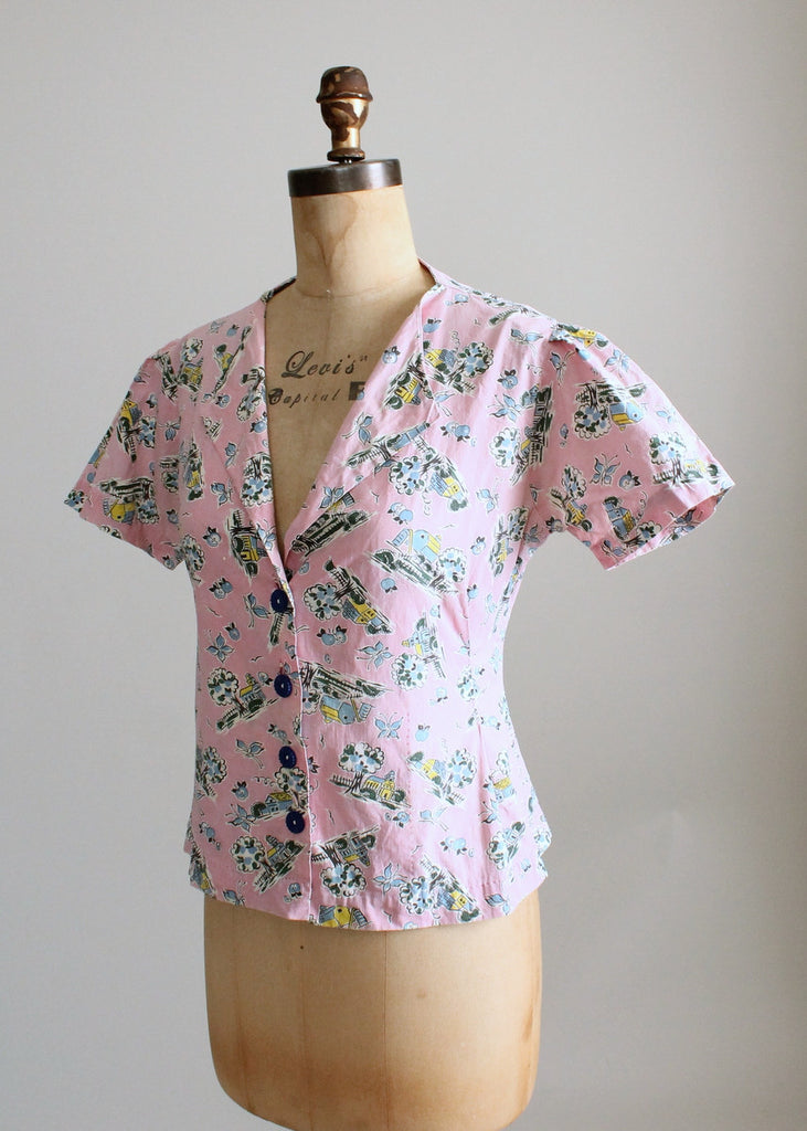 Vintage 1940s Pink Novelty Print Cotton Blouse | Raleigh Vintage