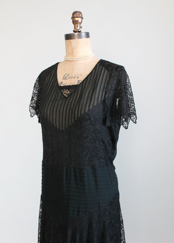 Vintage Late 1920s Black Lace and Chiffon Flapper Dress | Raleigh Vintage