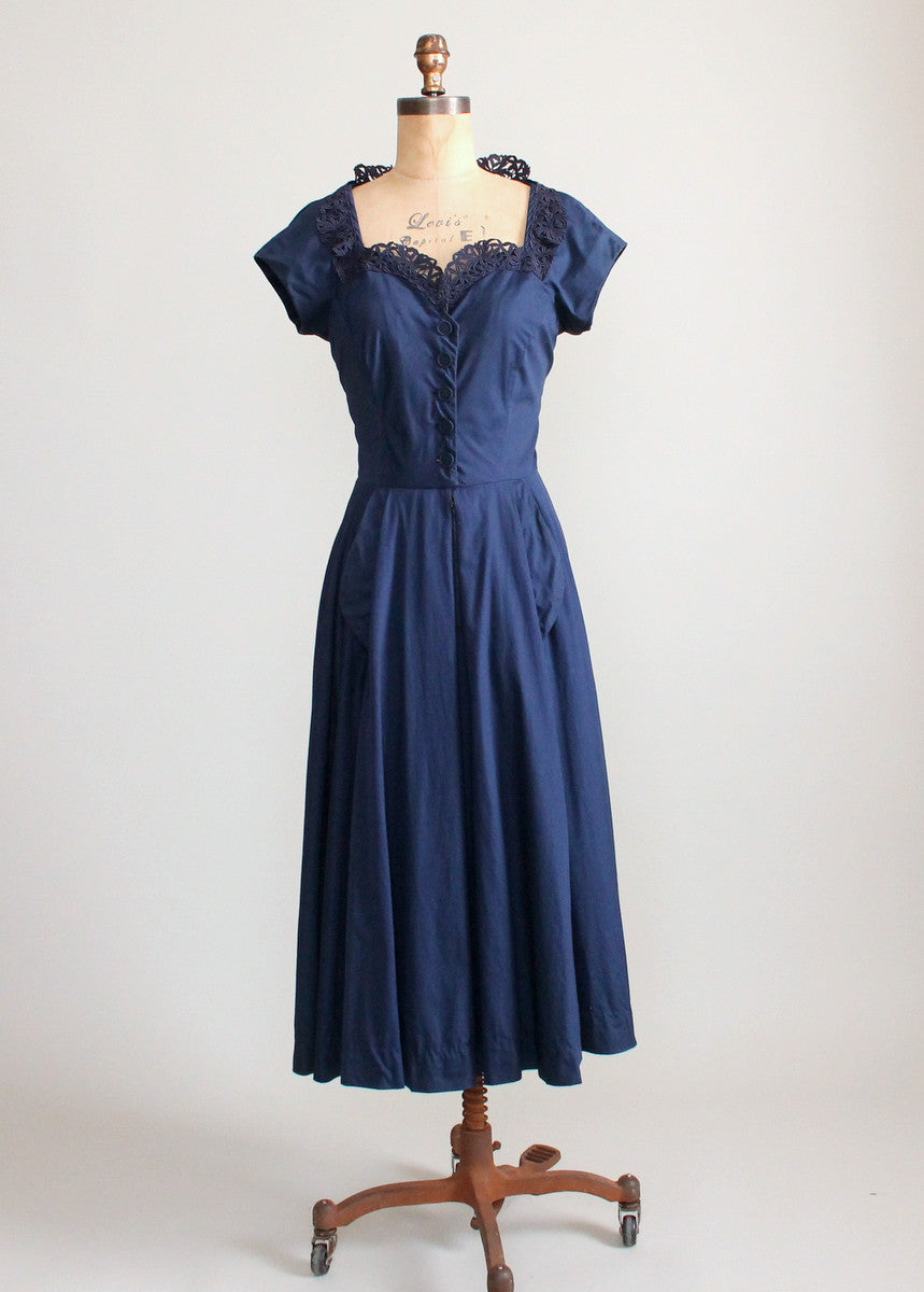 Vintage Late 1940s Navy Day Dress with a Stand Up Collar - Raleigh Vintage