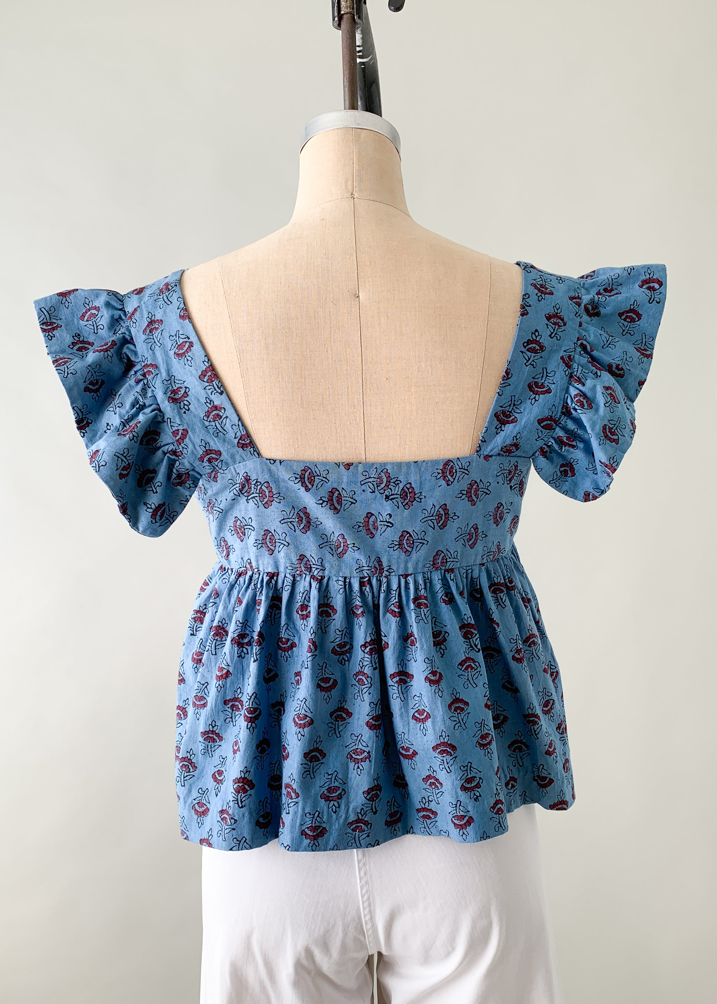 Vintage 1970s Indian Cotton Blue Ruffle Top