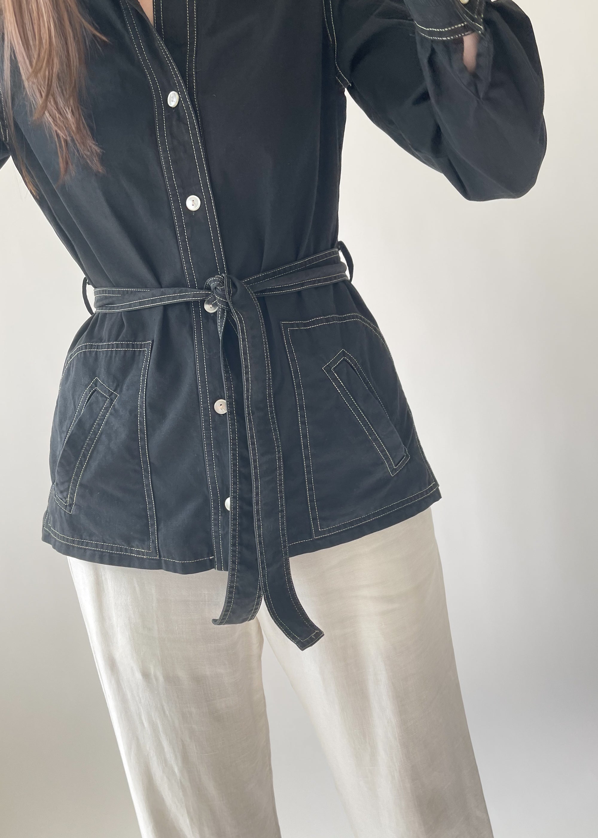 Vintage 1970s Black Cotton Belted Shirt